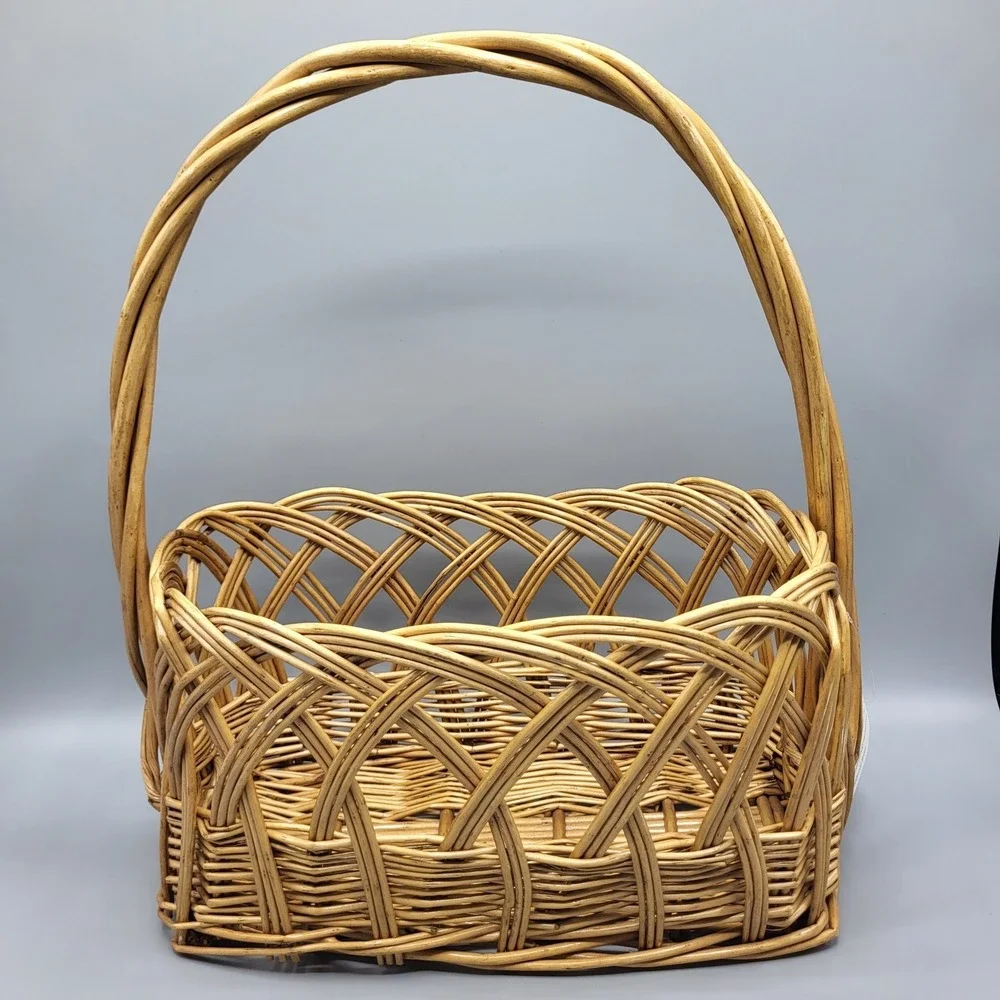 Woven Wicker Flower Basket w/ Handle Home Decor Lattice Open Weave Natural Brown